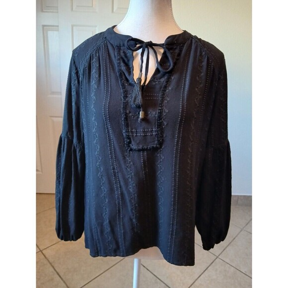 Women's Long Sleeve Tonal Embroidered Peasant Top - Knox Rose Black Size Small - Picture 2 of 16